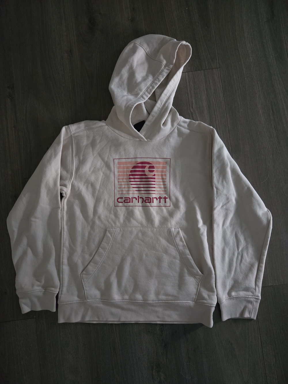 Carhartt Youth 10 Med. Pink Logo Cream Hooded Sweatshirt Hoodie Kangaroo Pocket